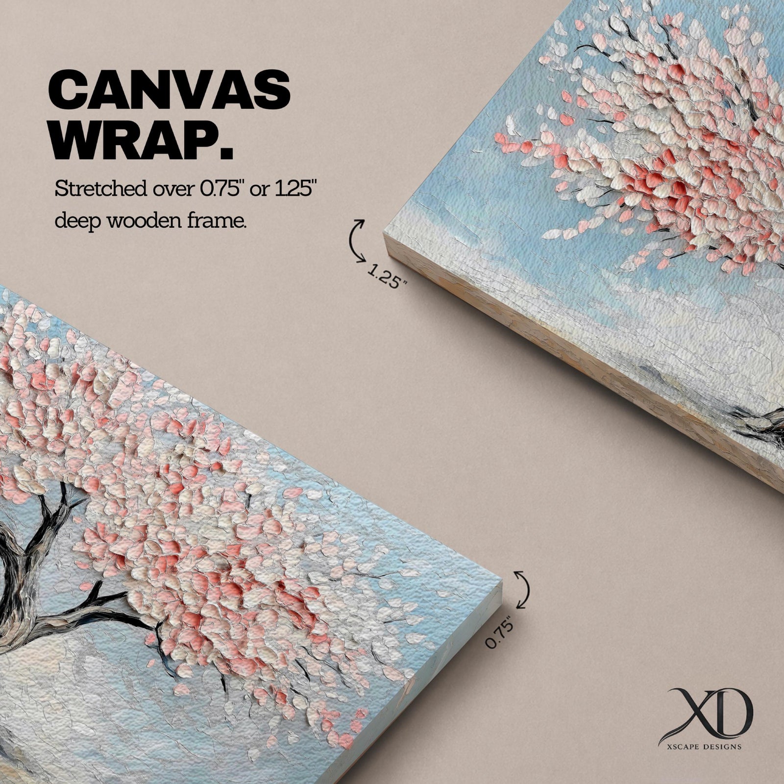 Panoramic textured painting of a cherry blossom tree with a twisting dark trunk and a wide canopy of soft pink blossoms spreading across a pale blue sky. Thick palette knife strokes create layered petals and raised textures, forming a calm spring landscape with delicate floral clusters and gentle pastel tones.
