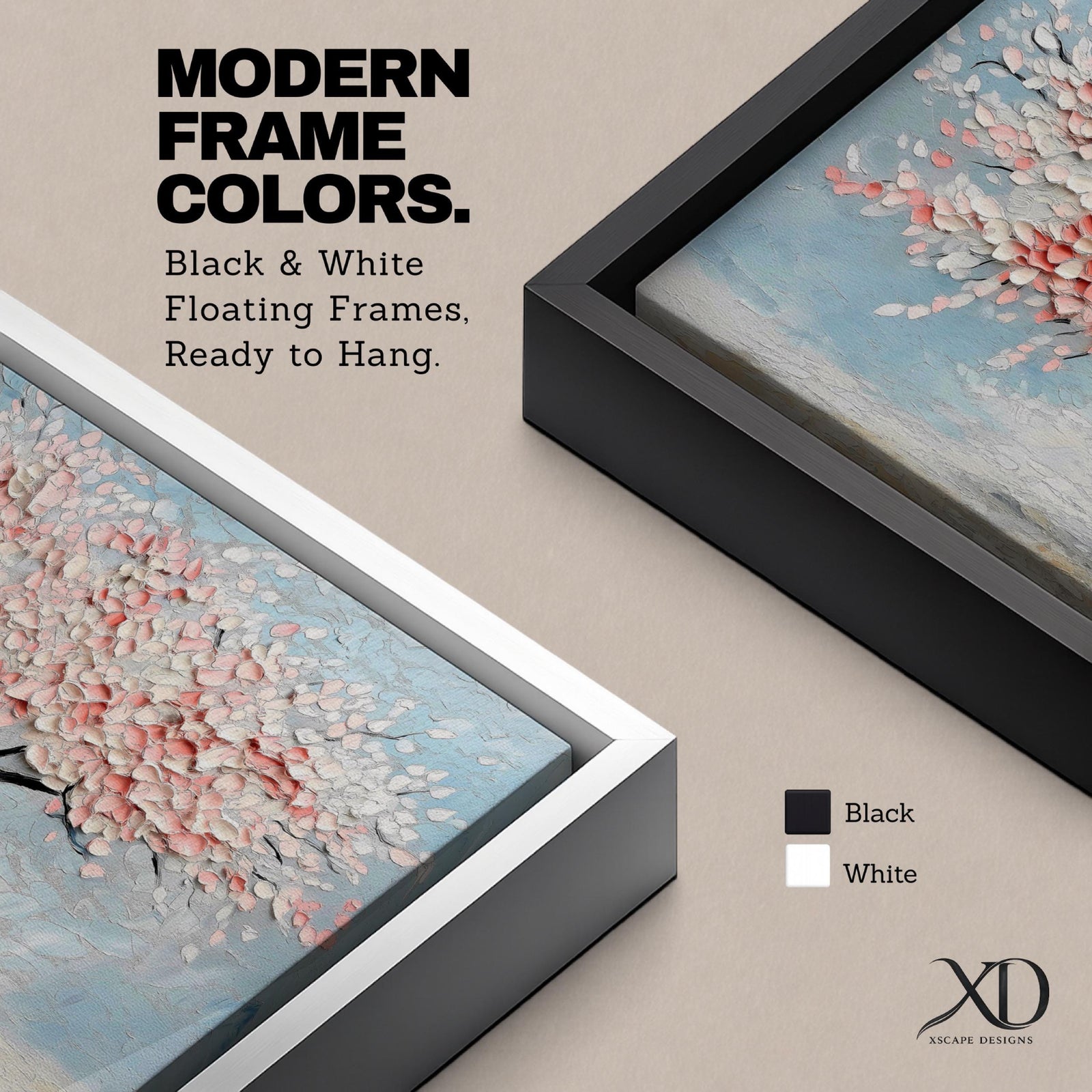 Panoramic textured painting of a cherry blossom tree with a twisting dark trunk and a wide canopy of soft pink blossoms spreading across a pale blue sky. Thick palette knife strokes create layered petals and raised textures, forming a calm spring landscape with delicate floral clusters and gentle pastel tones.