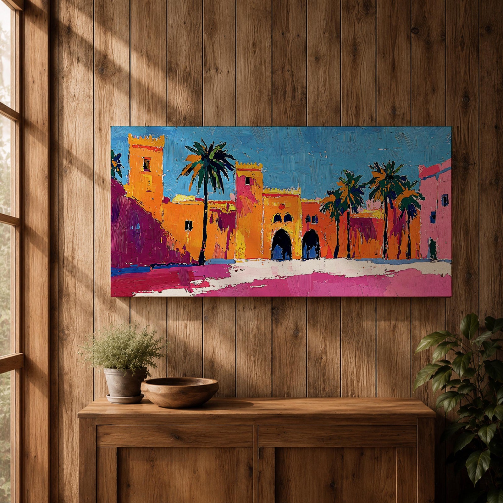 Panoramic painting of a Moroccan kasbah with tall palm trees and arched fortress gates rendered in bold palette knife brushstrokes. Bright orange, pink, and terracotta buildings contrast against a vivid blue sky, capturing the architecture of a Marrakech medina with textured walls and sunlit desert tones.