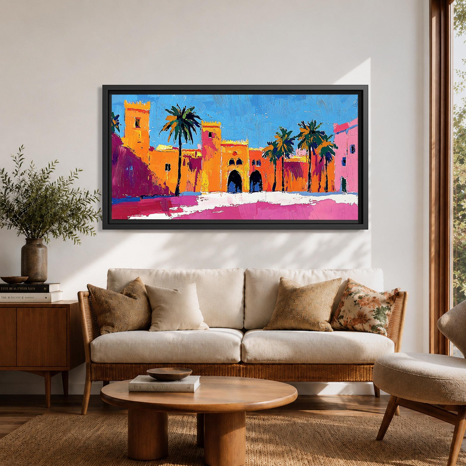 Panoramic painting of a Moroccan kasbah with tall palm trees and arched fortress gates rendered in bold palette knife brushstrokes. Bright orange, pink, and terracotta buildings contrast against a vivid blue sky, capturing the architecture of a Marrakech medina with textured walls and sunlit desert tones.