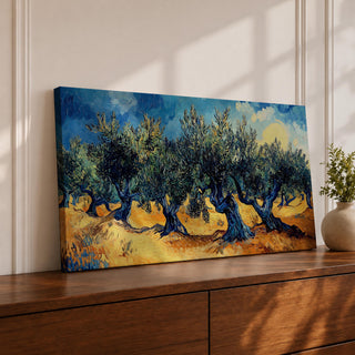 Panoramic painting of Olea europaea olive trees with twisted trunks and dense silvery green foliage growing across a warm Mediterranean grove. Thick expressive brushstrokes and bold contrasts of deep blue sky and golden earth create a post impressionist landscape with rhythmic rows of trees under a glowing sun.