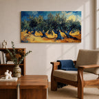 Panoramic painting of Olea europaea olive trees with twisted trunks and dense silvery green foliage growing across a warm Mediterranean grove. Thick expressive brushstrokes and bold contrasts of deep blue sky and golden earth create a post impressionist landscape with rhythmic rows of trees under a glowing sun.