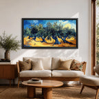 Panoramic painting of Olea europaea olive trees with twisted trunks and dense silvery green foliage growing across a warm Mediterranean grove. Thick expressive brushstrokes and bold contrasts of deep blue sky and golden earth create a post impressionist landscape with rhythmic rows of trees under a glowing sun.