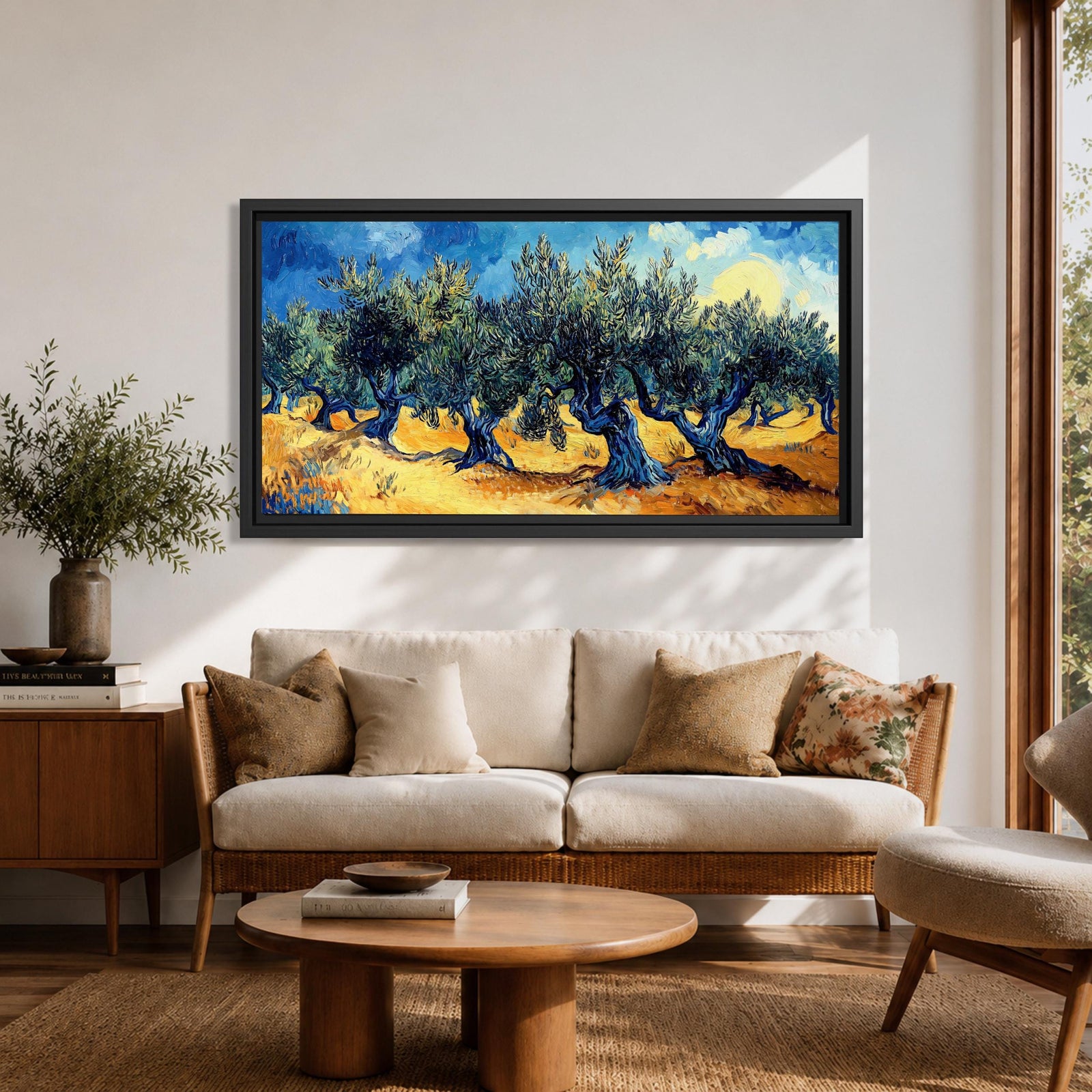 Panoramic painting of Olea europaea olive trees with twisted trunks and dense silvery green foliage growing across a warm Mediterranean grove. Thick expressive brushstrokes and bold contrasts of deep blue sky and golden earth create a post impressionist landscape with rhythmic rows of trees under a glowing sun.