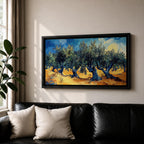 Panoramic painting of Olea europaea olive trees with twisted trunks and dense silvery green foliage growing across a warm Mediterranean grove. Thick expressive brushstrokes and bold contrasts of deep blue sky and golden earth create a post impressionist landscape with rhythmic rows of trees under a glowing sun.