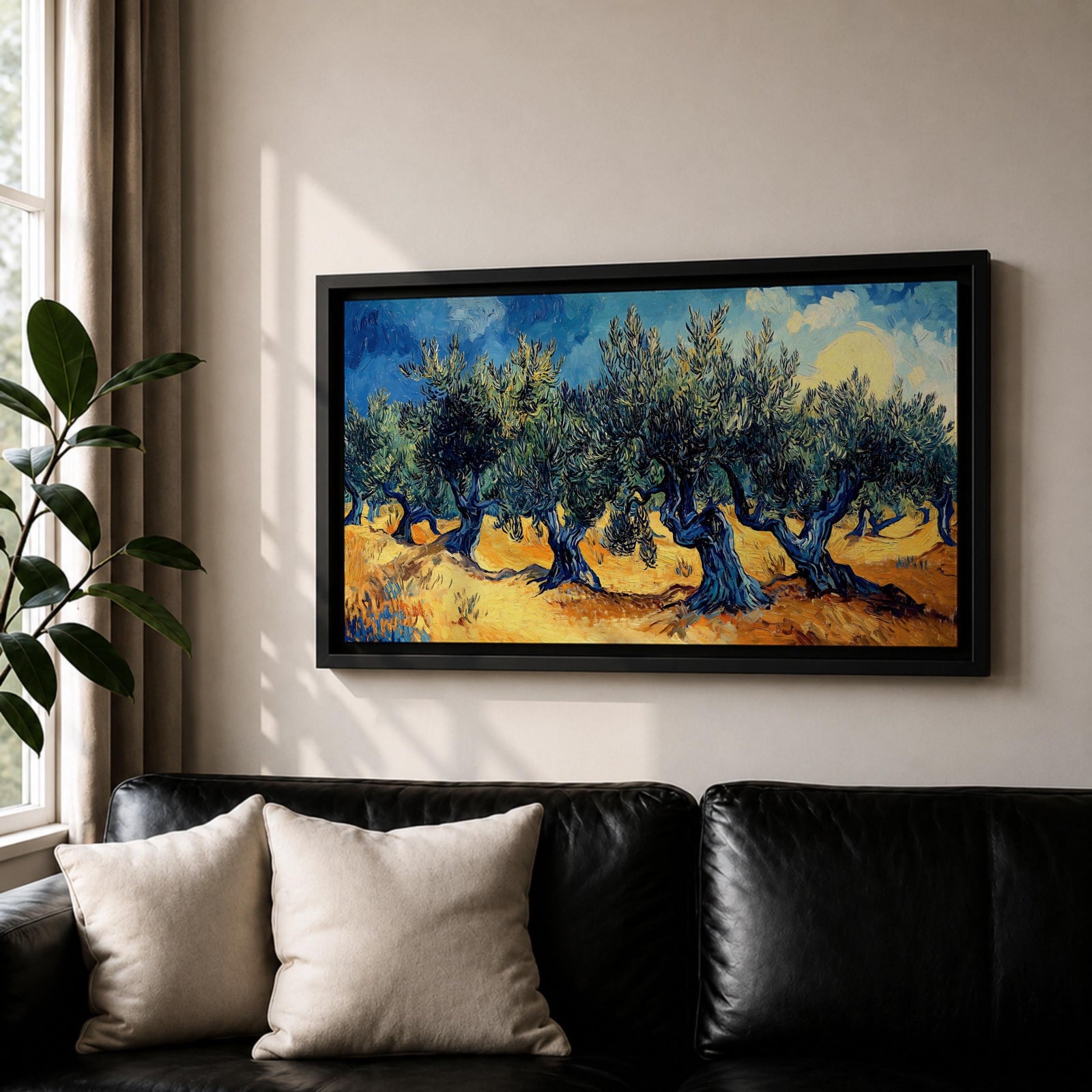 Panoramic painting of Olea europaea olive trees with twisted trunks and dense silvery green foliage growing across a warm Mediterranean grove. Thick expressive brushstrokes and bold contrasts of deep blue sky and golden earth create a post impressionist landscape with rhythmic rows of trees under a glowing sun.
