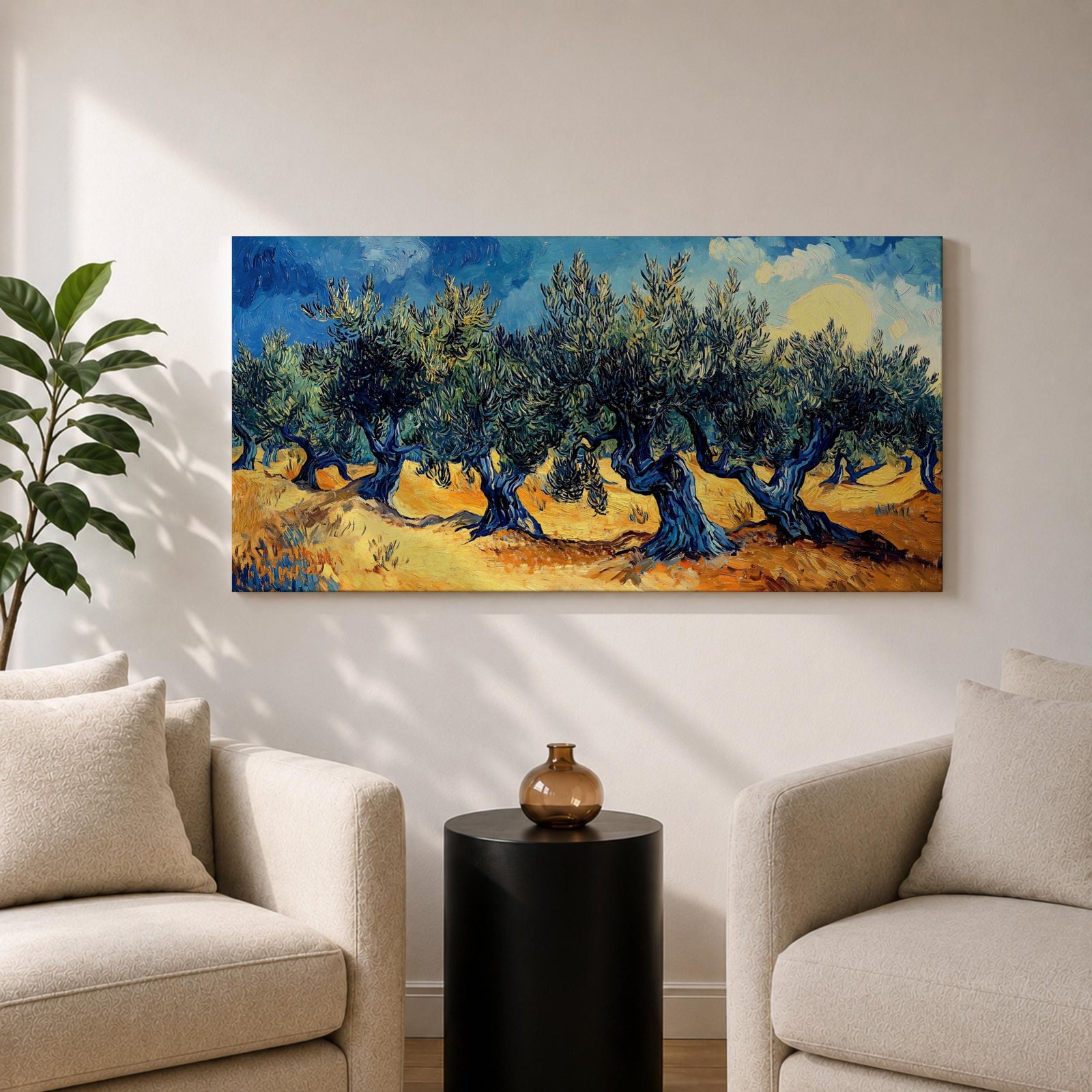 Panoramic painting of Olea europaea olive trees with twisted trunks and dense silvery green foliage growing across a warm Mediterranean grove. Thick expressive brushstrokes and bold contrasts of deep blue sky and golden earth create a post impressionist landscape with rhythmic rows of trees under a glowing sun.