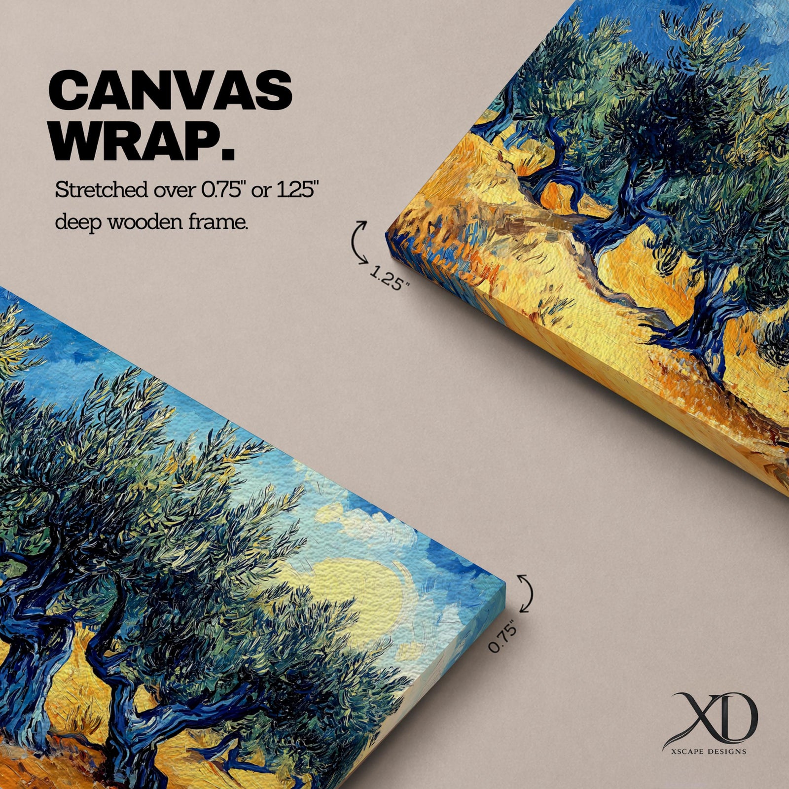 Panoramic painting of Olea europaea olive trees with twisted trunks and dense silvery green foliage growing across a warm Mediterranean grove. Thick expressive brushstrokes and bold contrasts of deep blue sky and golden earth create a post impressionist landscape with rhythmic rows of trees under a glowing sun.