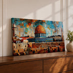 Panoramic mosaic style painting of Masjid Al Aqsa and the Dome of the Rock rising above the historic stone walls of Jerusalem. The golden dome, surrounding mosque structures, and tall minarets appear in layered geometric tiles with warm sandstone tones, deep blues, and turquoise sky fragments forming a vibrant cityscape.