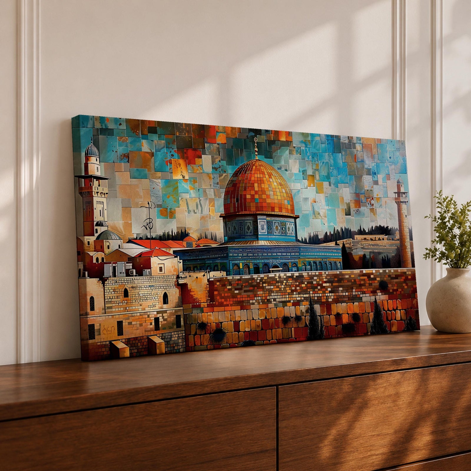 Panoramic mosaic style painting of Masjid Al Aqsa and the Dome of the Rock rising above the historic stone walls of Jerusalem. The golden dome, surrounding mosque structures, and tall minarets appear in layered geometric tiles with warm sandstone tones, deep blues, and turquoise sky fragments forming a vibrant cityscape.