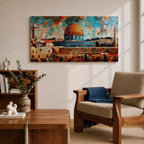 Panoramic mosaic style painting of Masjid Al Aqsa and the Dome of the Rock rising above the historic stone walls of Jerusalem. The golden dome, surrounding mosque structures, and tall minarets appear in layered geometric tiles with warm sandstone tones, deep blues, and turquoise sky fragments forming a vibrant cityscape.