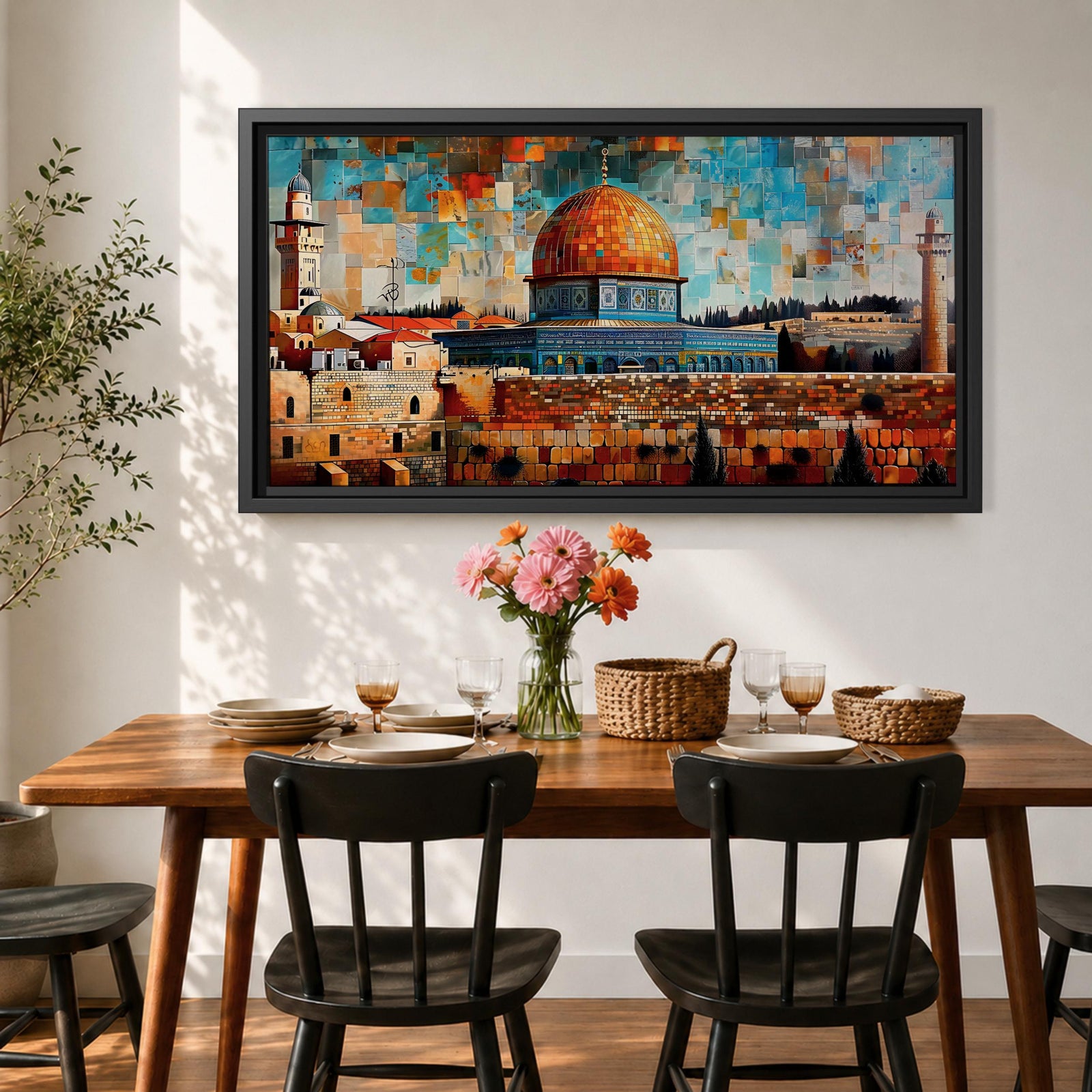 Panoramic mosaic style painting of Masjid Al Aqsa and the Dome of the Rock rising above the historic stone walls of Jerusalem. The golden dome, surrounding mosque structures, and tall minarets appear in layered geometric tiles with warm sandstone tones, deep blues, and turquoise sky fragments forming a vibrant cityscape.