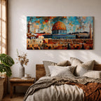 Panoramic mosaic style painting of Masjid Al Aqsa and the Dome of the Rock rising above the historic stone walls of Jerusalem. The golden dome, surrounding mosque structures, and tall minarets appear in layered geometric tiles with warm sandstone tones, deep blues, and turquoise sky fragments forming a vibrant cityscape.
