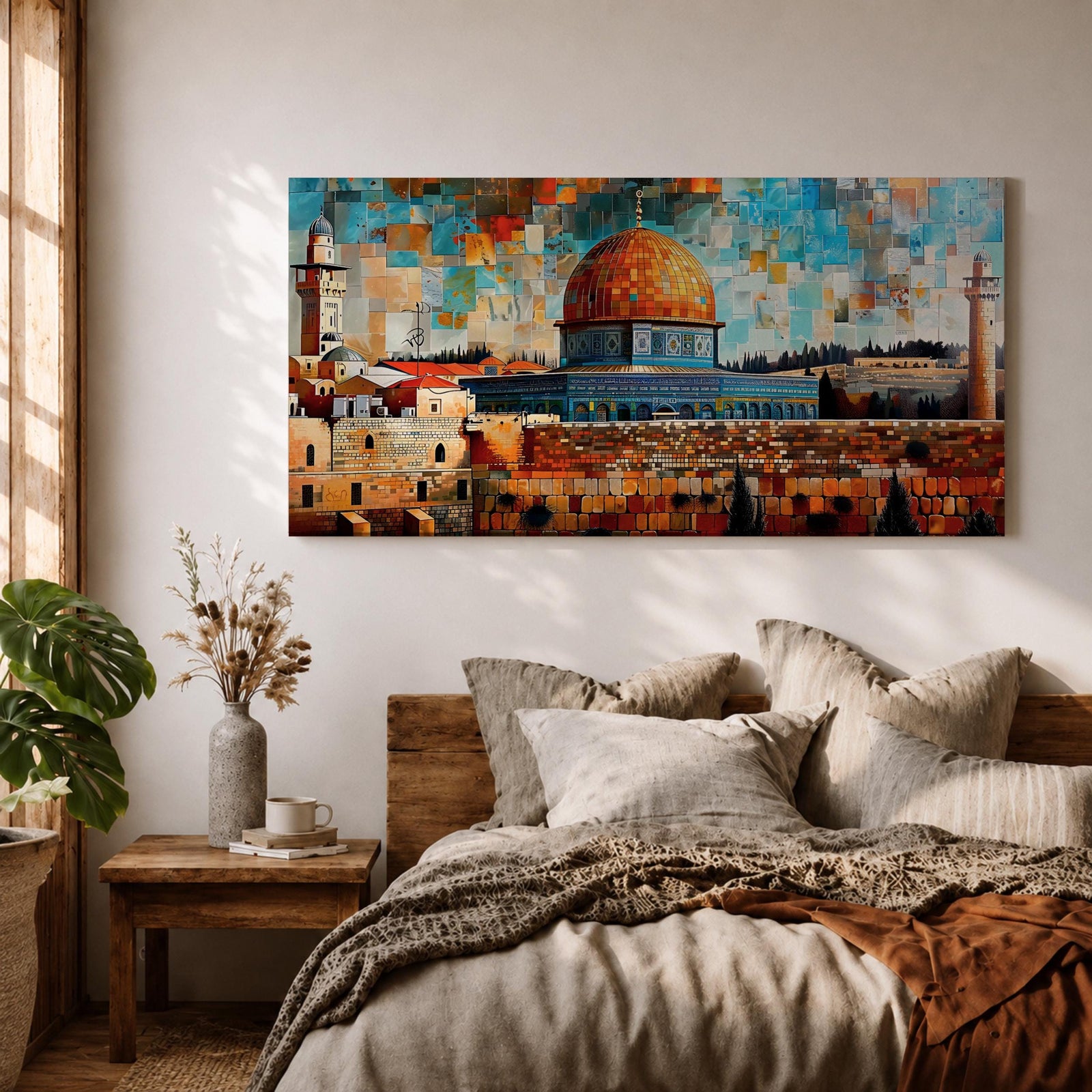 Panoramic mosaic style painting of Masjid Al Aqsa and the Dome of the Rock rising above the historic stone walls of Jerusalem. The golden dome, surrounding mosque structures, and tall minarets appear in layered geometric tiles with warm sandstone tones, deep blues, and turquoise sky fragments forming a vibrant cityscape.