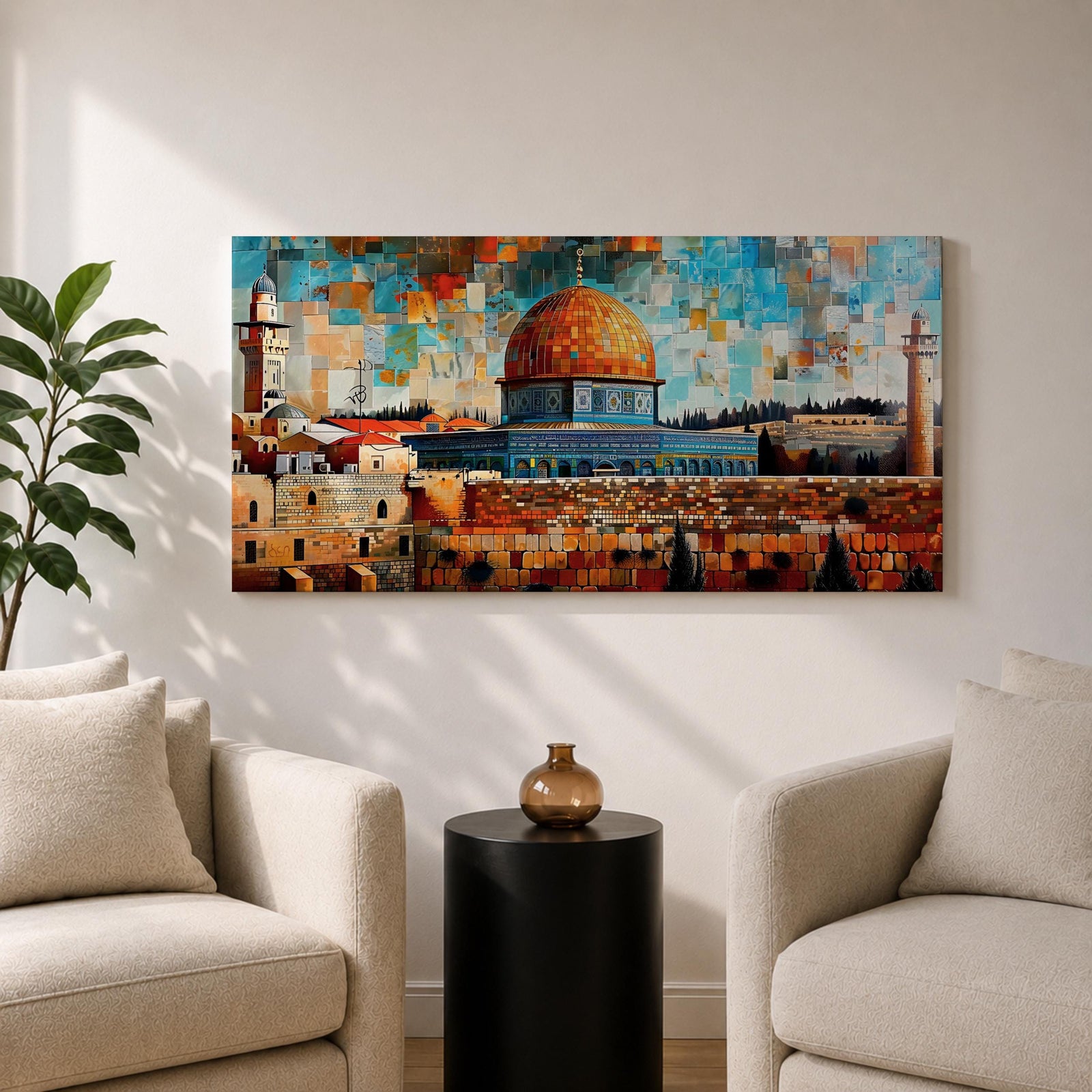 Panoramic mosaic style painting of Masjid Al Aqsa and the Dome of the Rock rising above the historic stone walls of Jerusalem. The golden dome, surrounding mosque structures, and tall minarets appear in layered geometric tiles with warm sandstone tones, deep blues, and turquoise sky fragments forming a vibrant cityscape.