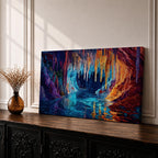 Panoramic painting of a glowing crystal cave with long stalactites hanging from the cavern ceiling above a reflective underground lake. Vibrant colors of deep blue, turquoise, purple, and fiery orange illuminate the rock formations, creating a dramatic fantasy landscape with shimmering reflections across the water.