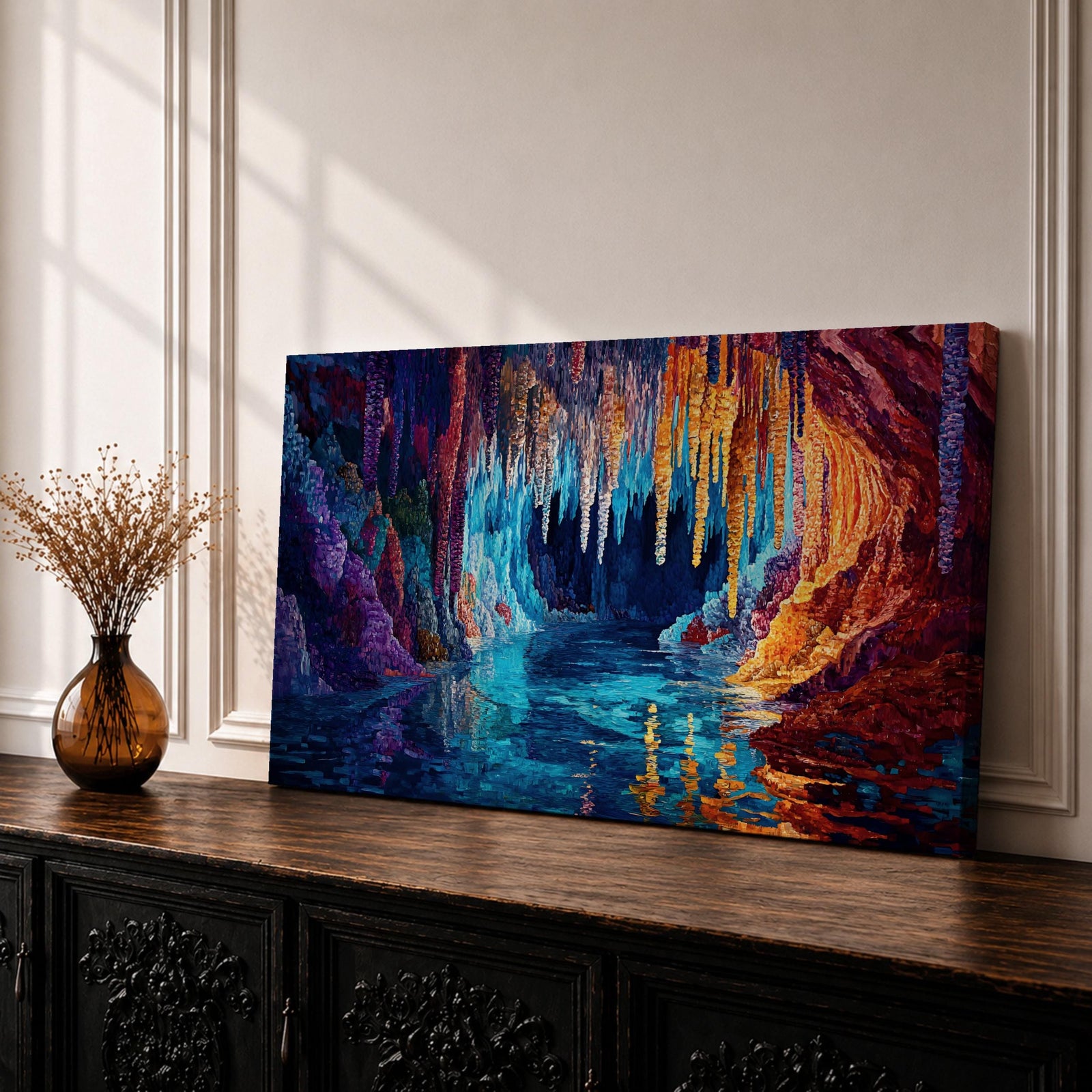 Panoramic painting of a glowing crystal cave with long stalactites hanging from the cavern ceiling above a reflective underground lake. Vibrant colors of deep blue, turquoise, purple, and fiery orange illuminate the rock formations, creating a dramatic fantasy landscape with shimmering reflections across the water.