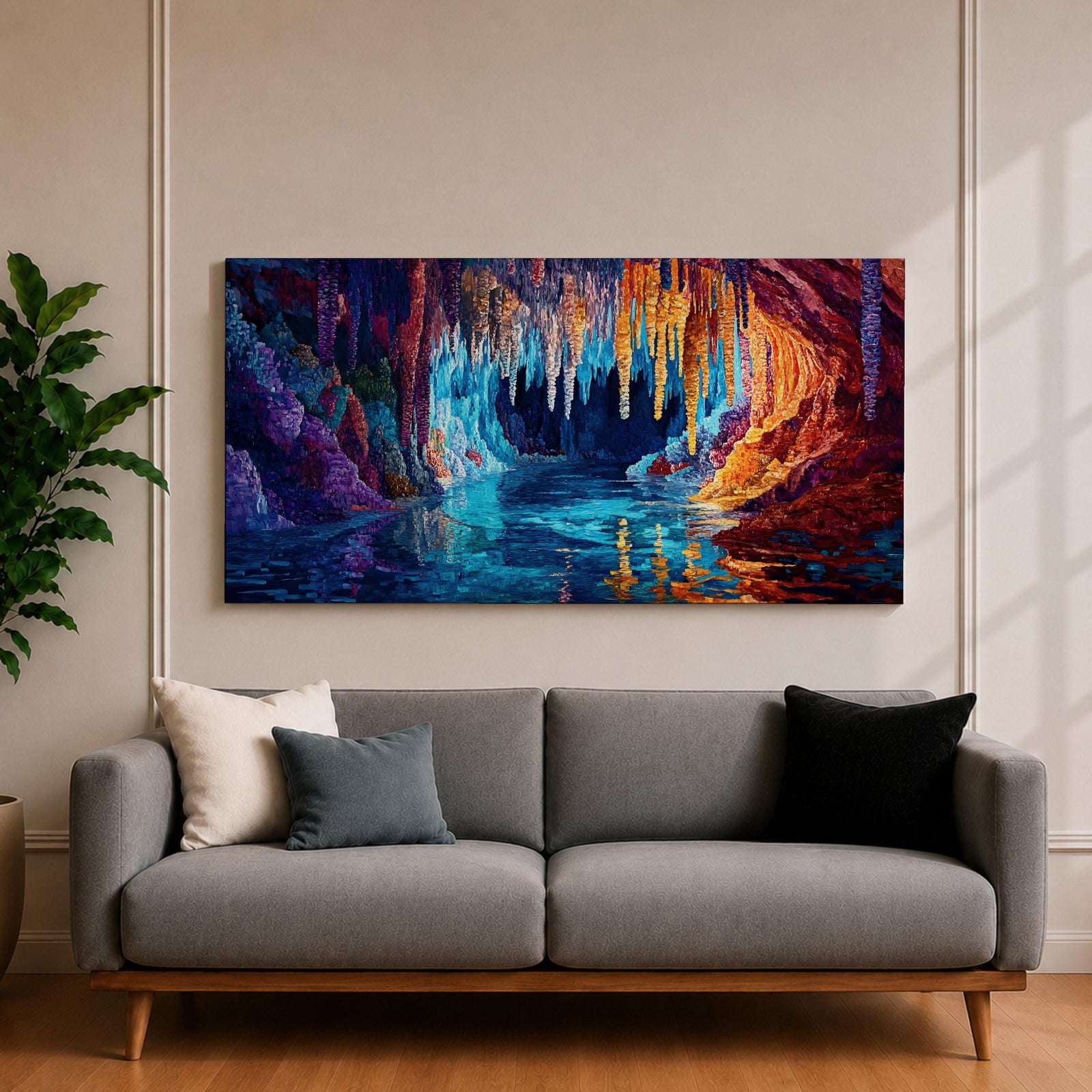 Panoramic painting of a glowing crystal cave with long stalactites hanging from the cavern ceiling above a reflective underground lake. Vibrant colors of deep blue, turquoise, purple, and fiery orange illuminate the rock formations, creating a dramatic fantasy landscape with shimmering reflections across the water.