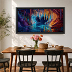 Panoramic painting of a glowing crystal cave with long stalactites hanging from the cavern ceiling above a reflective underground lake. Vibrant colors of deep blue, turquoise, purple, and fiery orange illuminate the rock formations, creating a dramatic fantasy landscape with shimmering reflections across the water.