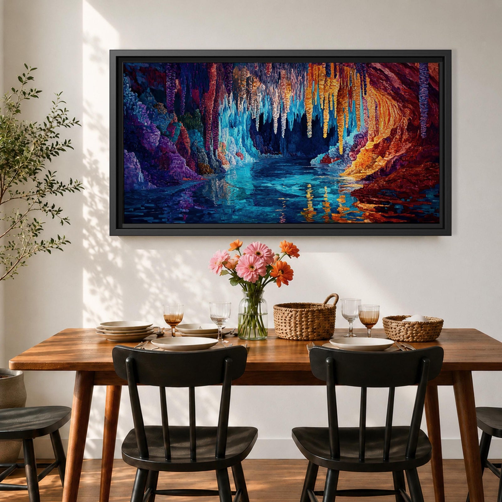 Panoramic painting of a glowing crystal cave with long stalactites hanging from the cavern ceiling above a reflective underground lake. Vibrant colors of deep blue, turquoise, purple, and fiery orange illuminate the rock formations, creating a dramatic fantasy landscape with shimmering reflections across the water.
