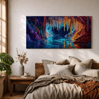 Panoramic painting of a glowing crystal cave with long stalactites hanging from the cavern ceiling above a reflective underground lake. Vibrant colors of deep blue, turquoise, purple, and fiery orange illuminate the rock formations, creating a dramatic fantasy landscape with shimmering reflections across the water.