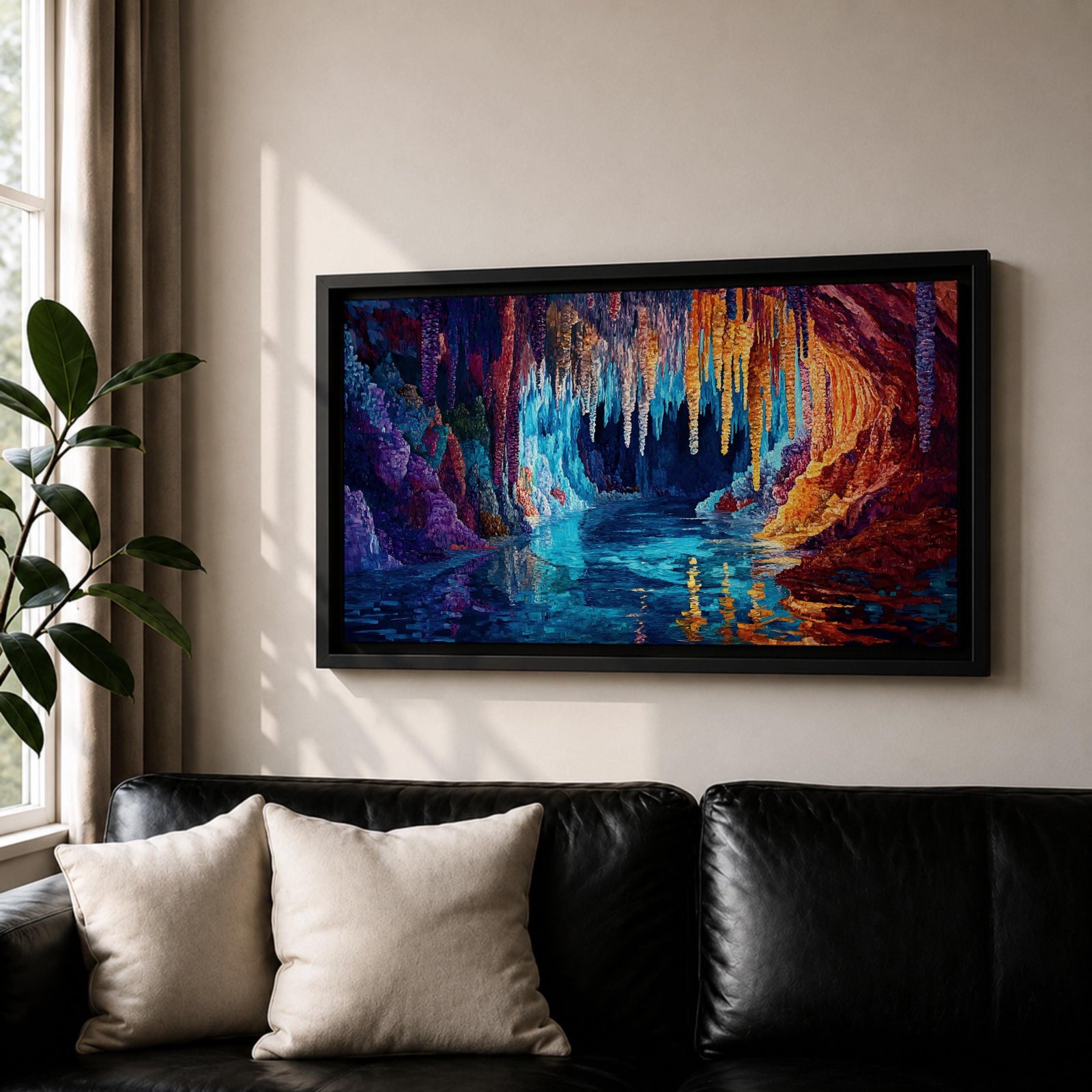 Panoramic painting of a glowing crystal cave with long stalactites hanging from the cavern ceiling above a reflective underground lake. Vibrant colors of deep blue, turquoise, purple, and fiery orange illuminate the rock formations, creating a dramatic fantasy landscape with shimmering reflections across the water.