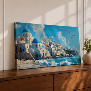 Panoramic painting of Santorini’s coastal village with whitewashed houses and blue domed churches overlooking the Aegean Sea. Waves crash along the shoreline beneath sunlit buildings stacked across the hillside, while seabirds glide through a bright blue sky with soft clouds above the Mediterranean landscape.