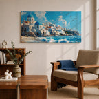 Panoramic painting of Santorini’s coastal village with whitewashed houses and blue domed churches overlooking the Aegean Sea. Waves crash along the shoreline beneath sunlit buildings stacked across the hillside, while seabirds glide through a bright blue sky with soft clouds above the Mediterranean landscape.