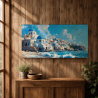 Panoramic painting of Santorini’s coastal village with whitewashed houses and blue domed churches overlooking the Aegean Sea. Waves crash along the shoreline beneath sunlit buildings stacked across the hillside, while seabirds glide through a bright blue sky with soft clouds above the Mediterranean landscape.
