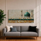 Panoramic mosaic style painting of Masjid Nabawi featuring the iconic green dome rising above stone walls and mosque architecture in Medina. Small tile like textures form the dome, minarets, and courtyard walls with earthy gold, beige, and green tones creating a detailed Islamic architectural scene.