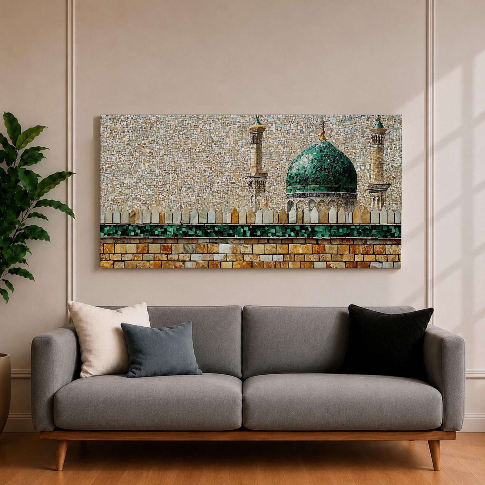 Panoramic mosaic style painting of Masjid Nabawi featuring the iconic green dome rising above stone walls and mosque architecture in Medina. Small tile like textures form the dome, minarets, and courtyard walls with earthy gold, beige, and green tones creating a detailed Islamic architectural scene.