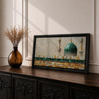 Panoramic mosaic style painting of Masjid Nabawi featuring the iconic green dome rising above stone walls and mosque architecture in Medina. Small tile like textures form the dome, minarets, and courtyard walls with earthy gold, beige, and green tones creating a detailed Islamic architectural scene.