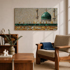 Panoramic mosaic style painting of Masjid Nabawi featuring the iconic green dome rising above stone walls and mosque architecture in Medina. Small tile like textures form the dome, minarets, and courtyard walls with earthy gold, beige, and green tones creating a detailed Islamic architectural scene.