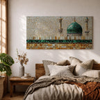 Panoramic mosaic style painting of Masjid Nabawi featuring the iconic green dome rising above stone walls and mosque architecture in Medina. Small tile like textures form the dome, minarets, and courtyard walls with earthy gold, beige, and green tones creating a detailed Islamic architectural scene.