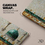 Panoramic mosaic style painting of Masjid Nabawi featuring the iconic green dome rising above stone walls and mosque architecture in Medina. Small tile like textures form the dome, minarets, and courtyard walls with earthy gold, beige, and green tones creating a detailed Islamic architectural scene.
