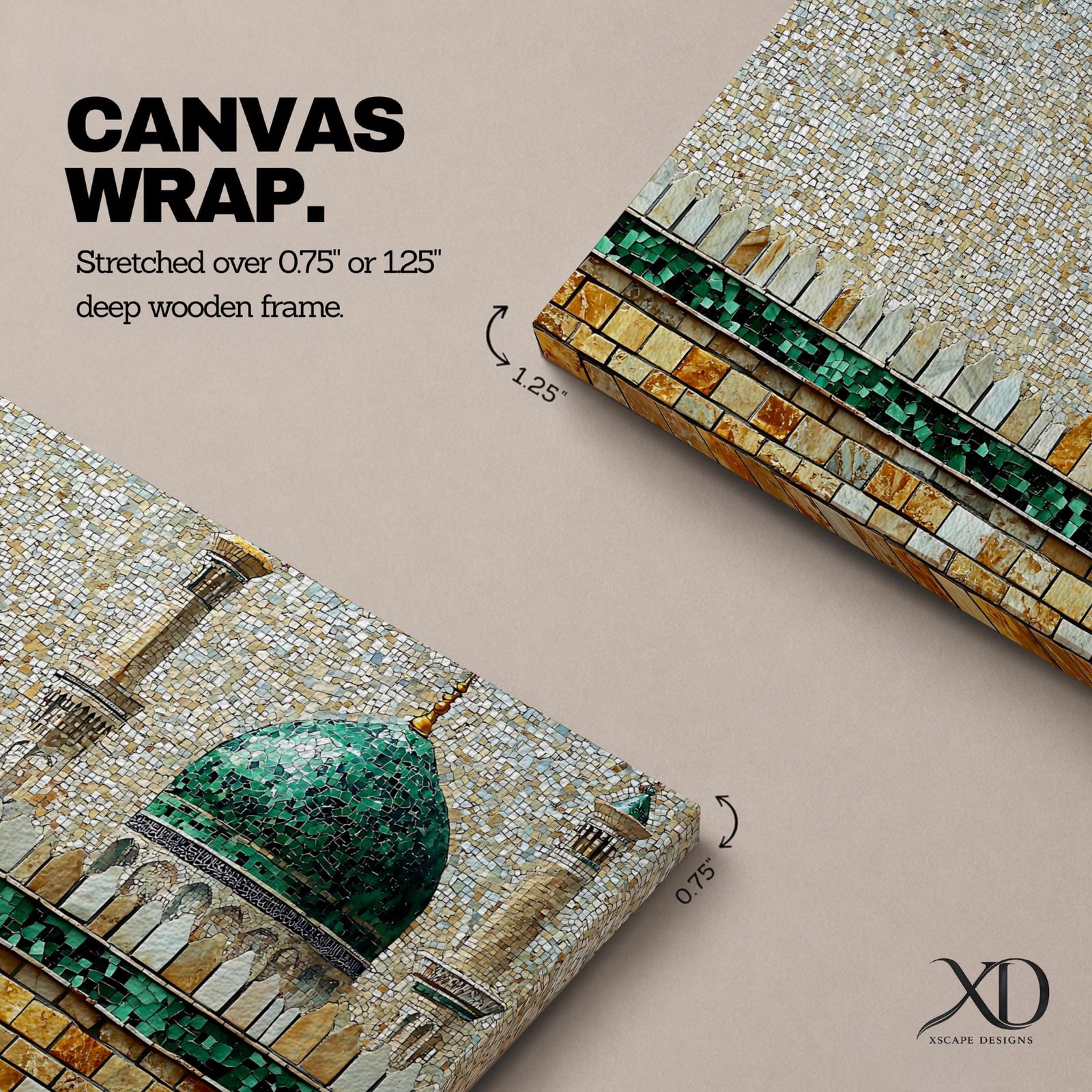 Panoramic mosaic style painting of Masjid Nabawi featuring the iconic green dome rising above stone walls and mosque architecture in Medina. Small tile like textures form the dome, minarets, and courtyard walls with earthy gold, beige, and green tones creating a detailed Islamic architectural scene.