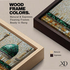 Panoramic mosaic style painting of Masjid Nabawi featuring the iconic green dome rising above stone walls and mosque architecture in Medina. Small tile like textures form the dome, minarets, and courtyard walls with earthy gold, beige, and green tones creating a detailed Islamic architectural scene.