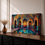 Panoramic painting of a Persian mosque courtyard with pointed arches, intricate geometric tile patterns, and a reflective central pool. Rich turquoise, gold, red, and deep blue mosaics cover the vaulted walls and ceilings, forming a symmetrical Islamic architectural scene with layered archways and glowing interior light.