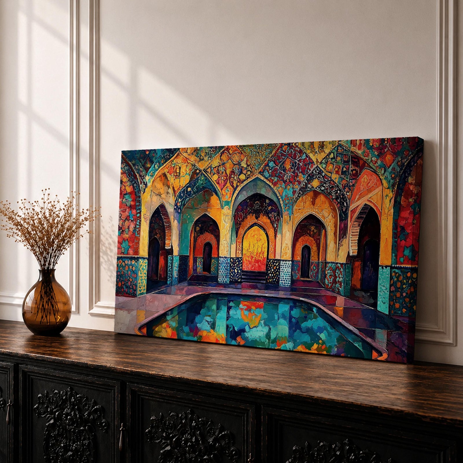 Panoramic painting of a Persian mosque courtyard with pointed arches, intricate geometric tile patterns, and a reflective central pool. Rich turquoise, gold, red, and deep blue mosaics cover the vaulted walls and ceilings, forming a symmetrical Islamic architectural scene with layered archways and glowing interior light.