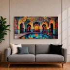 Panoramic painting of a Persian mosque courtyard with pointed arches, intricate geometric tile patterns, and a reflective central pool. Rich turquoise, gold, red, and deep blue mosaics cover the vaulted walls and ceilings, forming a symmetrical Islamic architectural scene with layered archways and glowing interior light.
