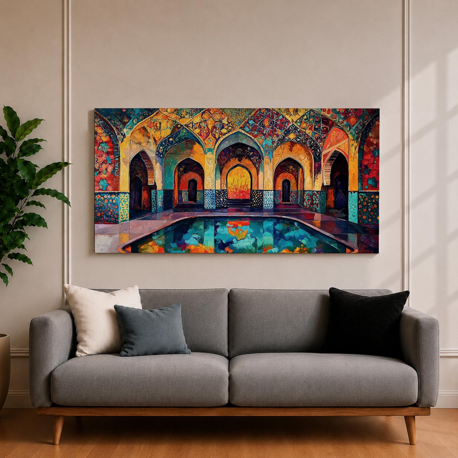Panoramic painting of a Persian mosque courtyard with pointed arches, intricate geometric tile patterns, and a reflective central pool. Rich turquoise, gold, red, and deep blue mosaics cover the vaulted walls and ceilings, forming a symmetrical Islamic architectural scene with layered archways and glowing interior light.