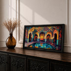 Panoramic painting of a Persian mosque courtyard with pointed arches, intricate geometric tile patterns, and a reflective central pool. Rich turquoise, gold, red, and deep blue mosaics cover the vaulted walls and ceilings, forming a symmetrical Islamic architectural scene with layered archways and glowing interior light.