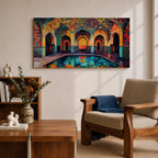 Panoramic painting of a Persian mosque courtyard with pointed arches, intricate geometric tile patterns, and a reflective central pool. Rich turquoise, gold, red, and deep blue mosaics cover the vaulted walls and ceilings, forming a symmetrical Islamic architectural scene with layered archways and glowing interior light.