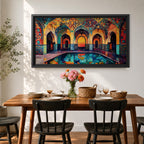 Panoramic painting of a Persian mosque courtyard with pointed arches, intricate geometric tile patterns, and a reflective central pool. Rich turquoise, gold, red, and deep blue mosaics cover the vaulted walls and ceilings, forming a symmetrical Islamic architectural scene with layered archways and glowing interior light.