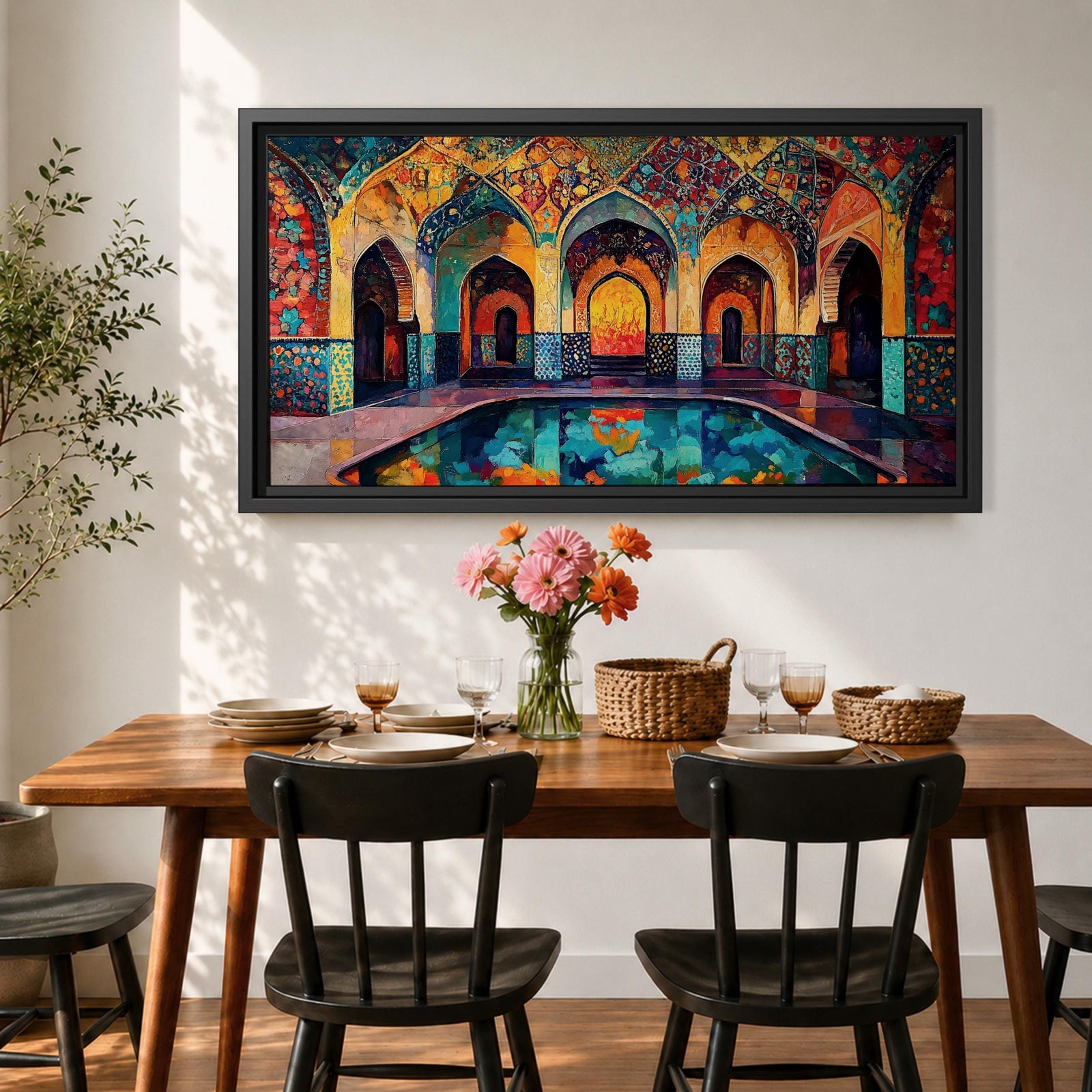 Panoramic painting of a Persian mosque courtyard with pointed arches, intricate geometric tile patterns, and a reflective central pool. Rich turquoise, gold, red, and deep blue mosaics cover the vaulted walls and ceilings, forming a symmetrical Islamic architectural scene with layered archways and glowing interior light.