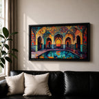 Panoramic painting of a Persian mosque courtyard with pointed arches, intricate geometric tile patterns, and a reflective central pool. Rich turquoise, gold, red, and deep blue mosaics cover the vaulted walls and ceilings, forming a symmetrical Islamic architectural scene with layered archways and glowing interior light.