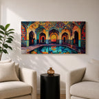 Panoramic painting of a Persian mosque courtyard with pointed arches, intricate geometric tile patterns, and a reflective central pool. Rich turquoise, gold, red, and deep blue mosaics cover the vaulted walls and ceilings, forming a symmetrical Islamic architectural scene with layered archways and glowing interior light.