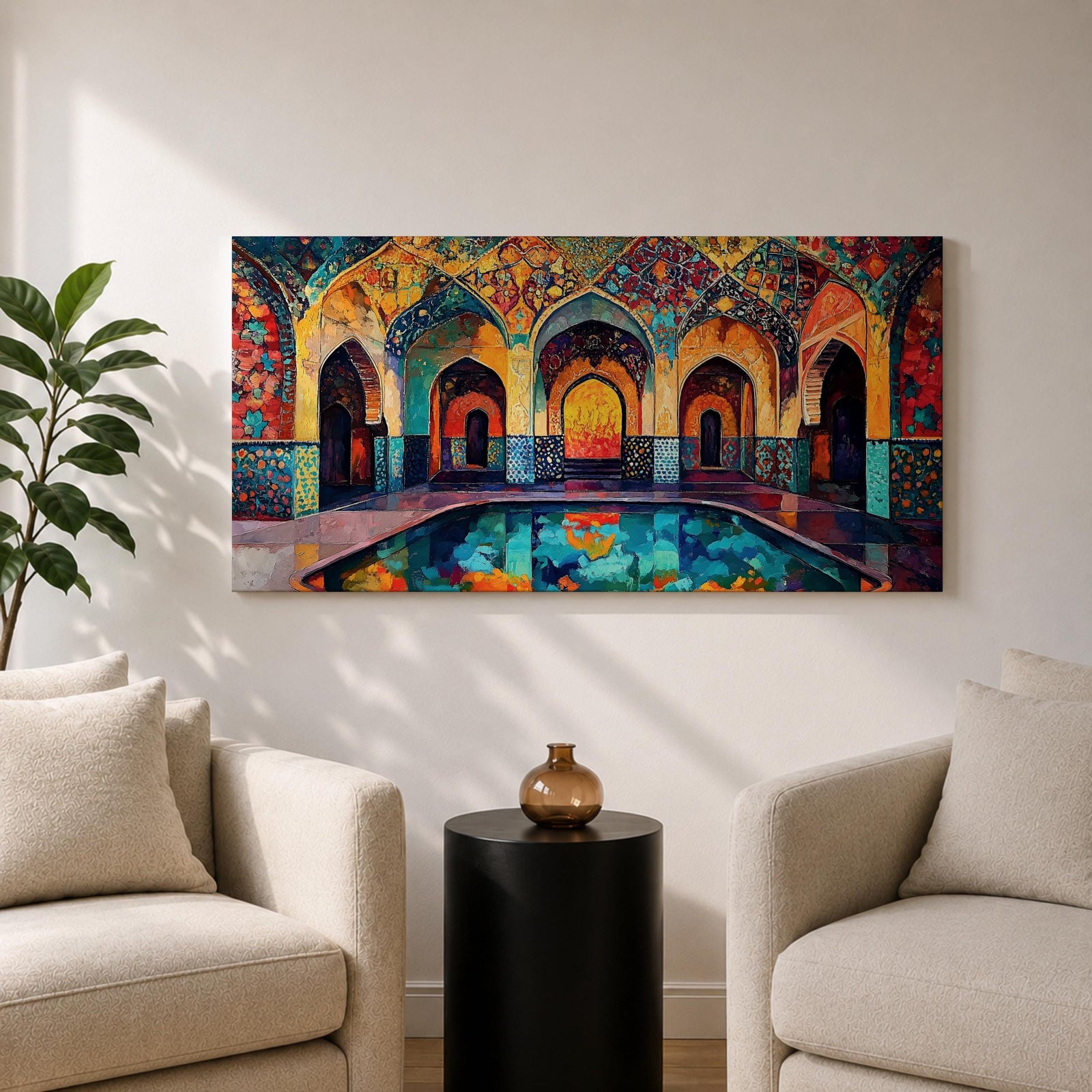 Panoramic painting of a Persian mosque courtyard with pointed arches, intricate geometric tile patterns, and a reflective central pool. Rich turquoise, gold, red, and deep blue mosaics cover the vaulted walls and ceilings, forming a symmetrical Islamic architectural scene with layered archways and glowing interior light.