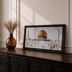 Panoramic painting of the Dome of the Rock with its large golden dome rising above pale stone structures and slender minarets. Textured brushstrokes create a minimalist Jerusalem skyline with white and gray architectural forms accented by gold highlights and subtle abstract layers across the historic mosque complex.