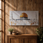 Panoramic painting of the Dome of the Rock with its large golden dome rising above pale stone structures and slender minarets. Textured brushstrokes create a minimalist Jerusalem skyline with white and gray architectural forms accented by gold highlights and subtle abstract layers across the historic mosque complex.